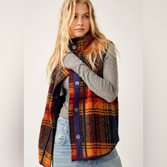 Free People Orange & Navy Plaid Button Vest - Picture 3 of 5